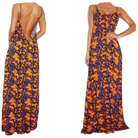 PrettyLittleThing Orange Shadow Leaf Maxi Dress Size 4 Oversized Low Back Beach - Picture 2 of 10